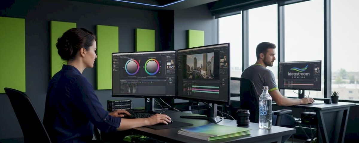 Video editors working in active studio office