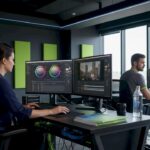 Video editors working in active studio office