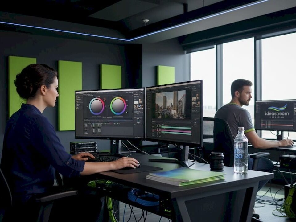 Video editors working in active studio office