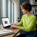 Social media manager editing at home desk