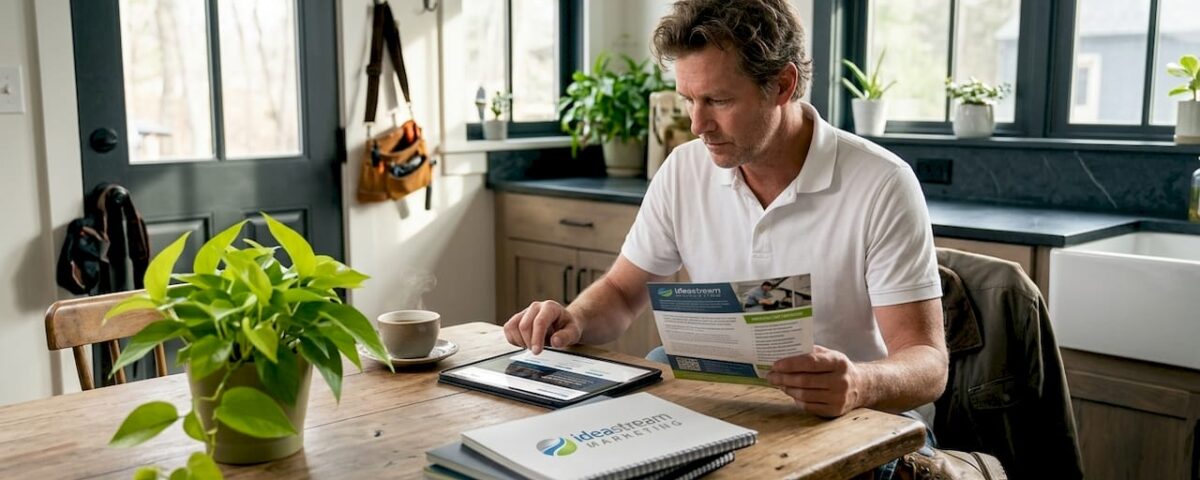 Contractor reviewing marketing at kitchen table
