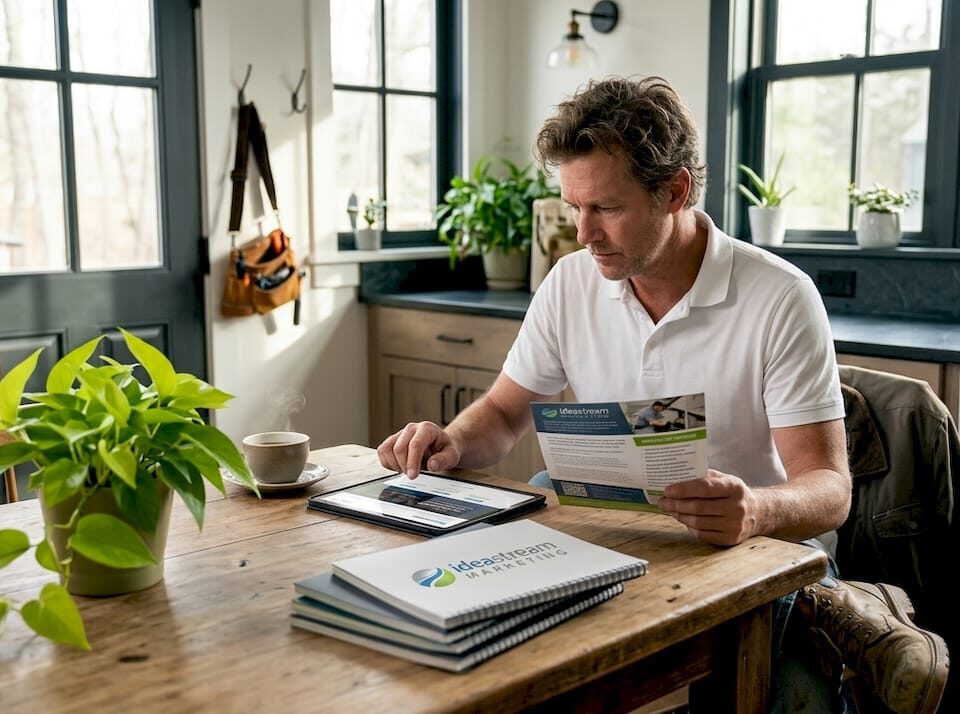 Contractor reviewing marketing at kitchen table