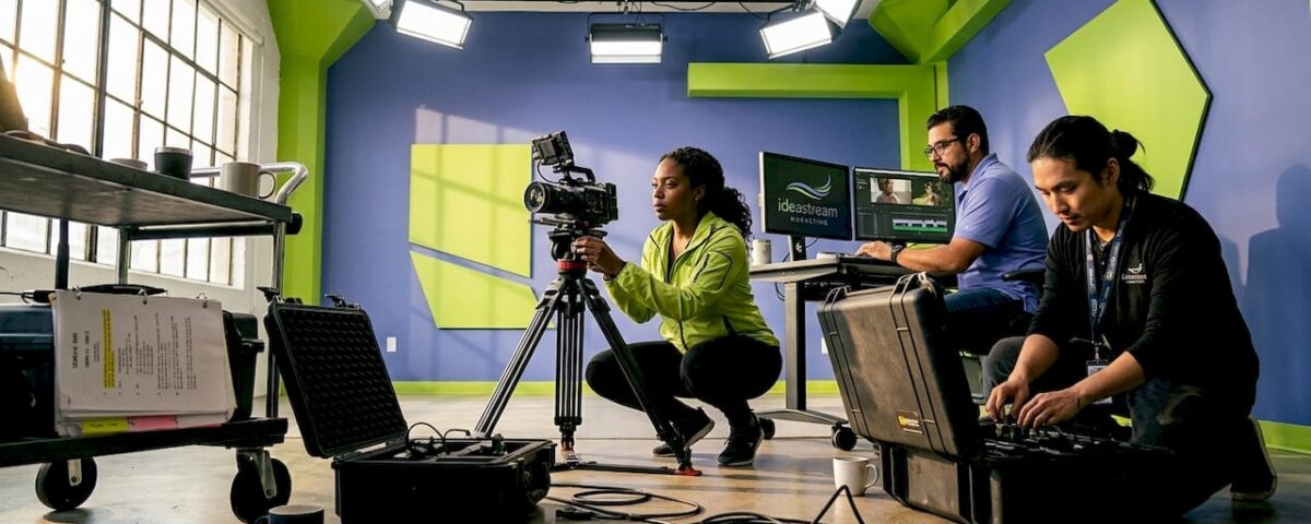 Video team working in studio with equipment