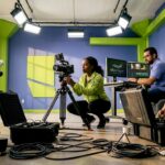 Video team working in studio with equipment