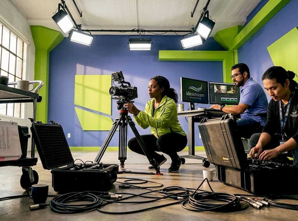 Video team working in studio with equipment