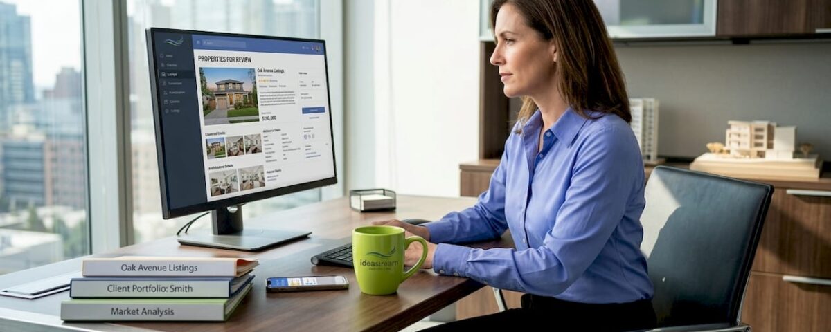 Real estate agent reviewing listings at office