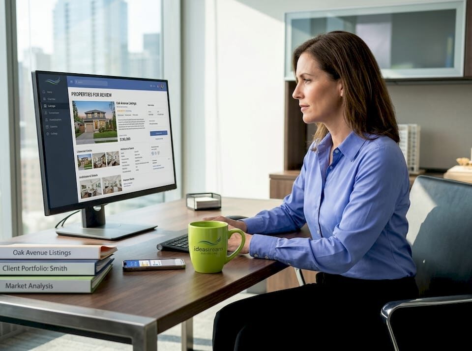 Real estate agent reviewing listings at office