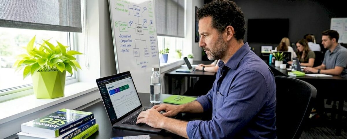 Marketing specialist working in SEO agency office