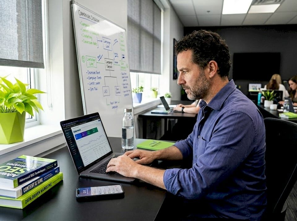 Marketing specialist working in SEO agency office