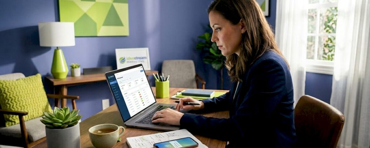 Small business owner working on CRM software