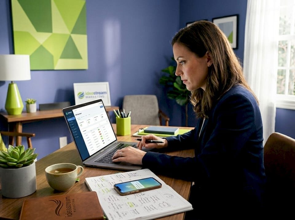 Small business owner working on CRM software