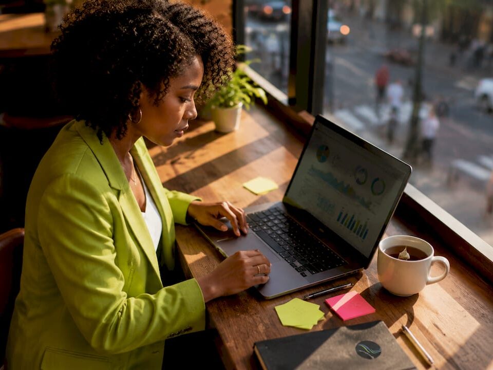 Marketer working focused in bright home office
