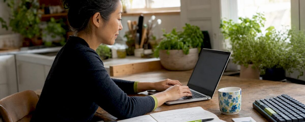 Businesswoman coding WordPress site in home office
