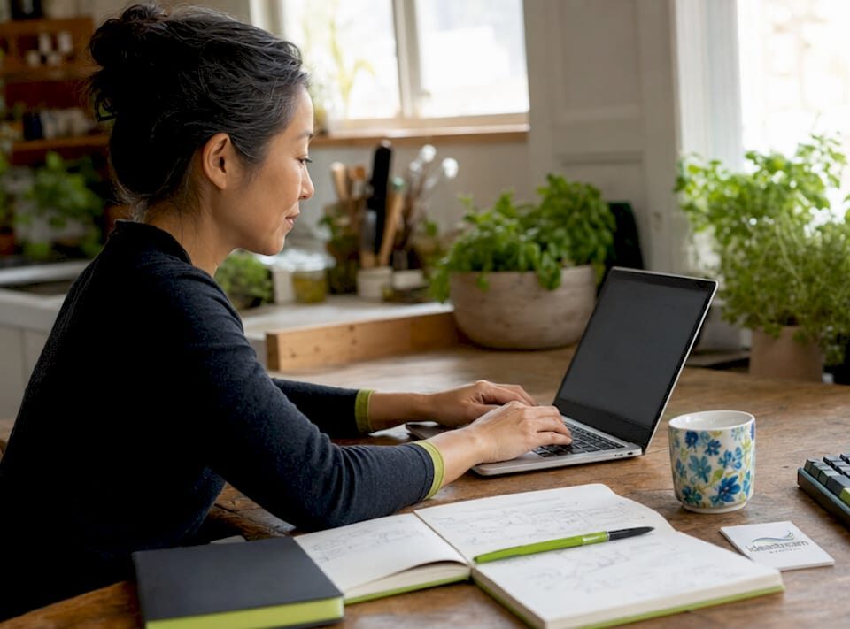Businesswoman coding WordPress site in home office