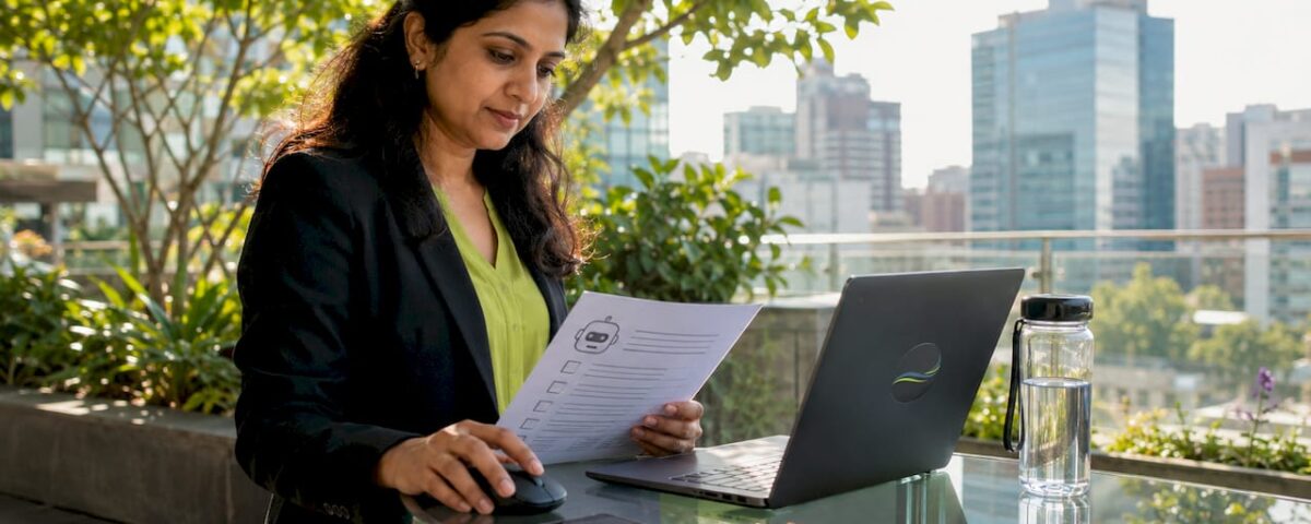 Business analyst working with AI chatbot software