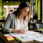 Woman analyzing printed digital marketing documents