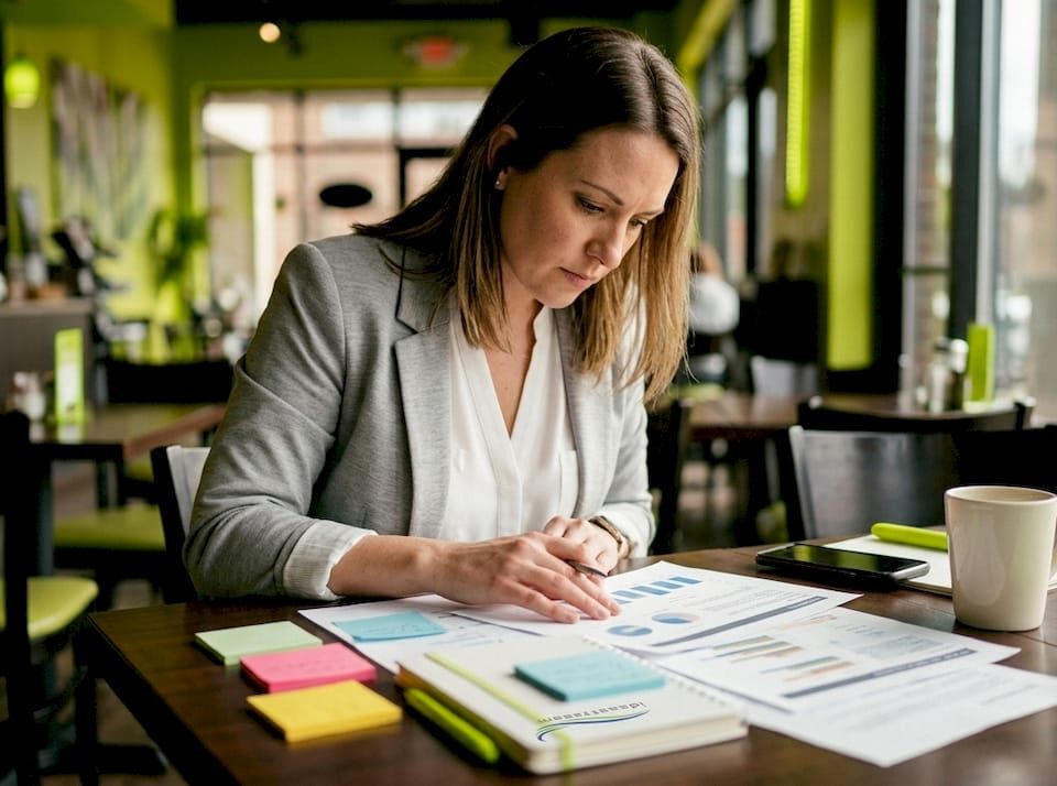 Woman analyzing printed digital marketing documents