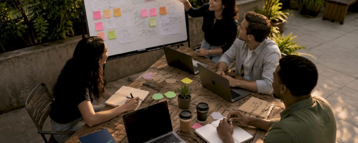 Team planning branding strategy in modern office