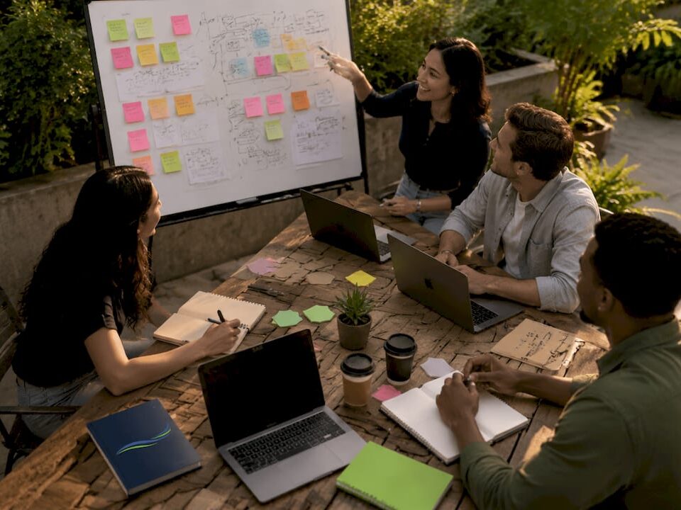 Team planning branding strategy in modern office