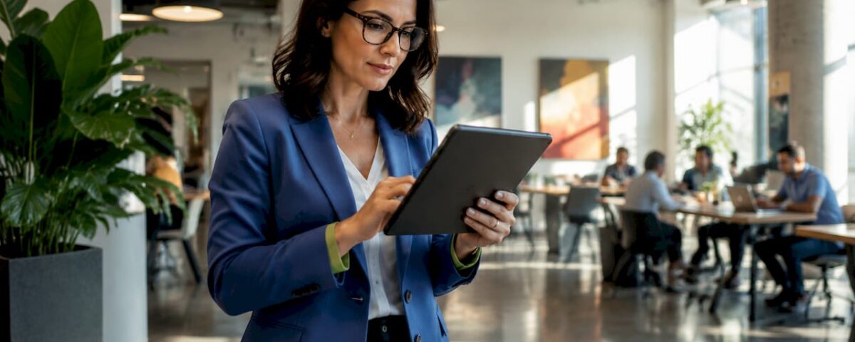 A woman in a blue blazer uses a tablet in a bright modern coworking space.