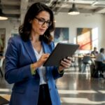 A woman in a blue blazer uses a tablet in a bright modern coworking space.