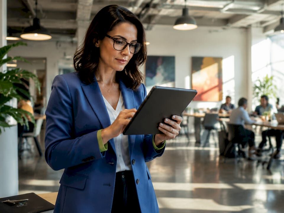 A woman in a blue blazer uses a tablet in a bright modern coworking space.