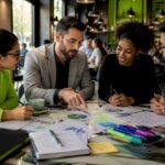 Team discussing business branding strategy in office