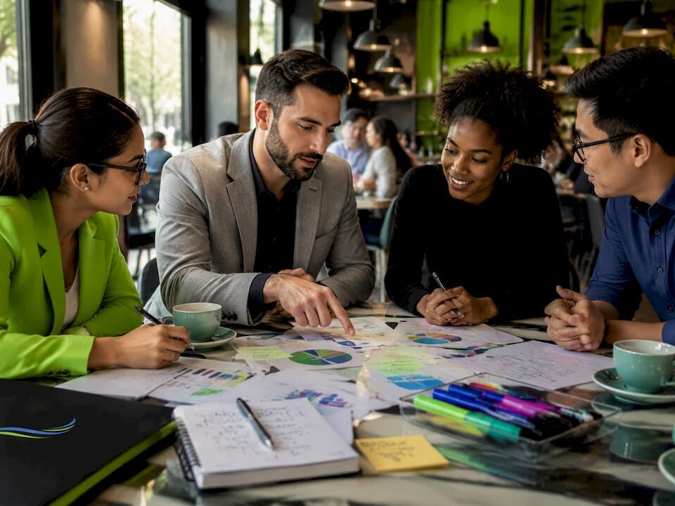 Team discussing business branding strategy in office