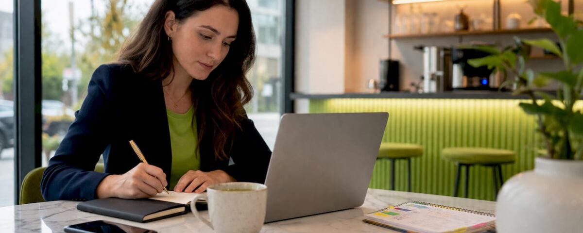 Marketing professional analyzing alternatives at desk
