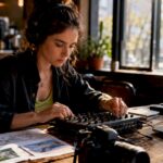 Creative media professional mixing audio in studio