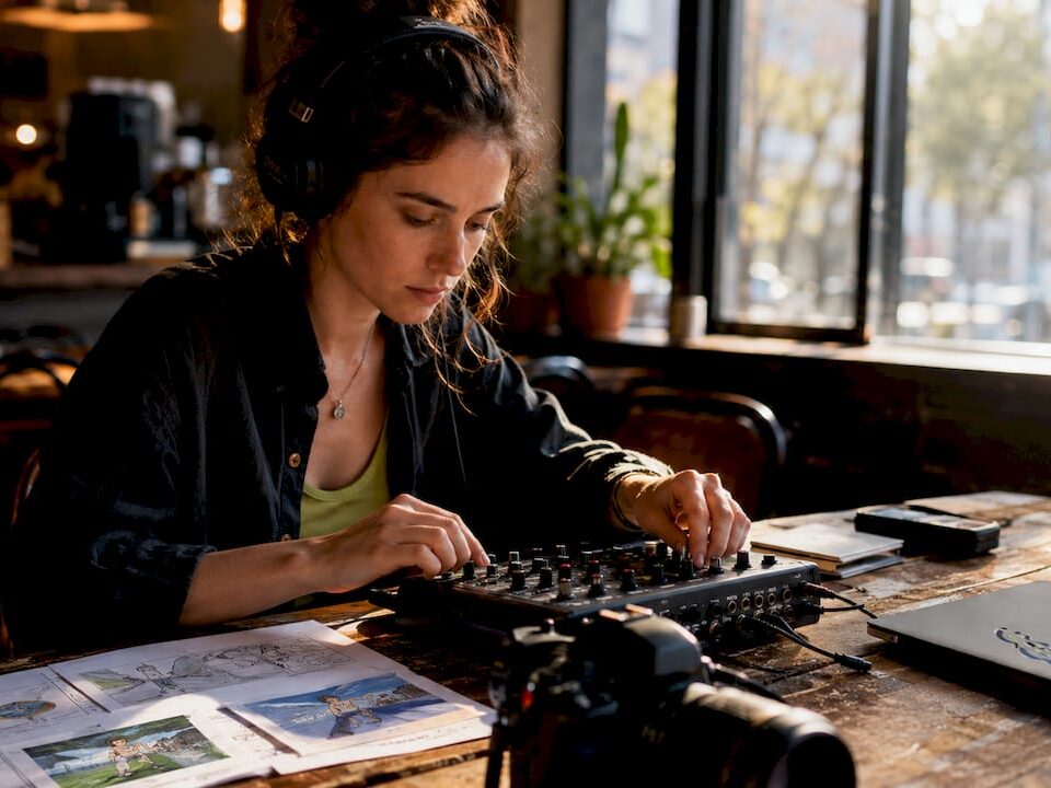 Creative media professional mixing audio in studio