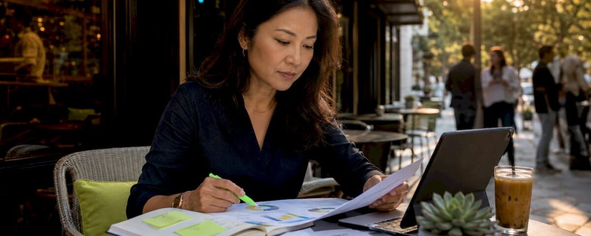 Event manager reviewing marketing strategies