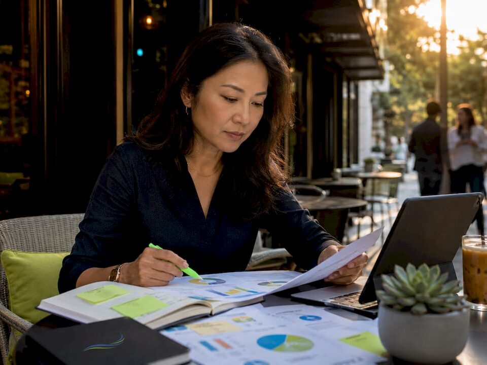 Event manager reviewing marketing strategies