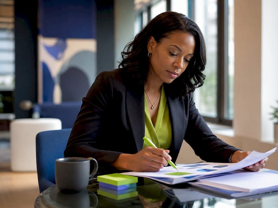 Marketing manager reviewing branding strategy papers