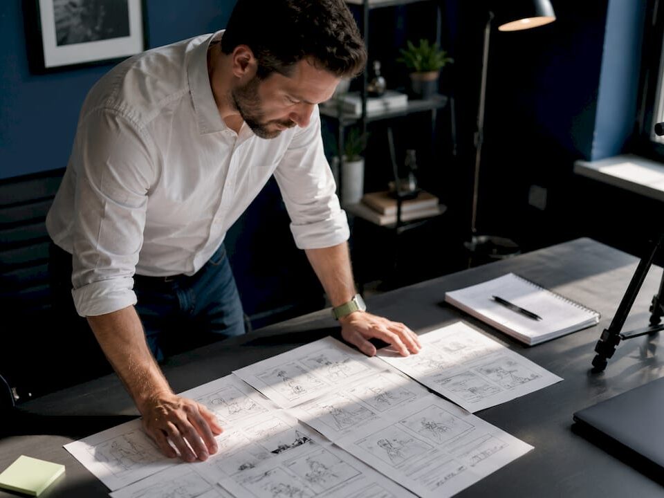 Video producer planning storyboard in studio