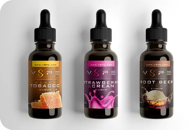 Three V8PE e-liquid bottles: Honey Tobacco, Strawberry & Cream, and Root Beer Float.