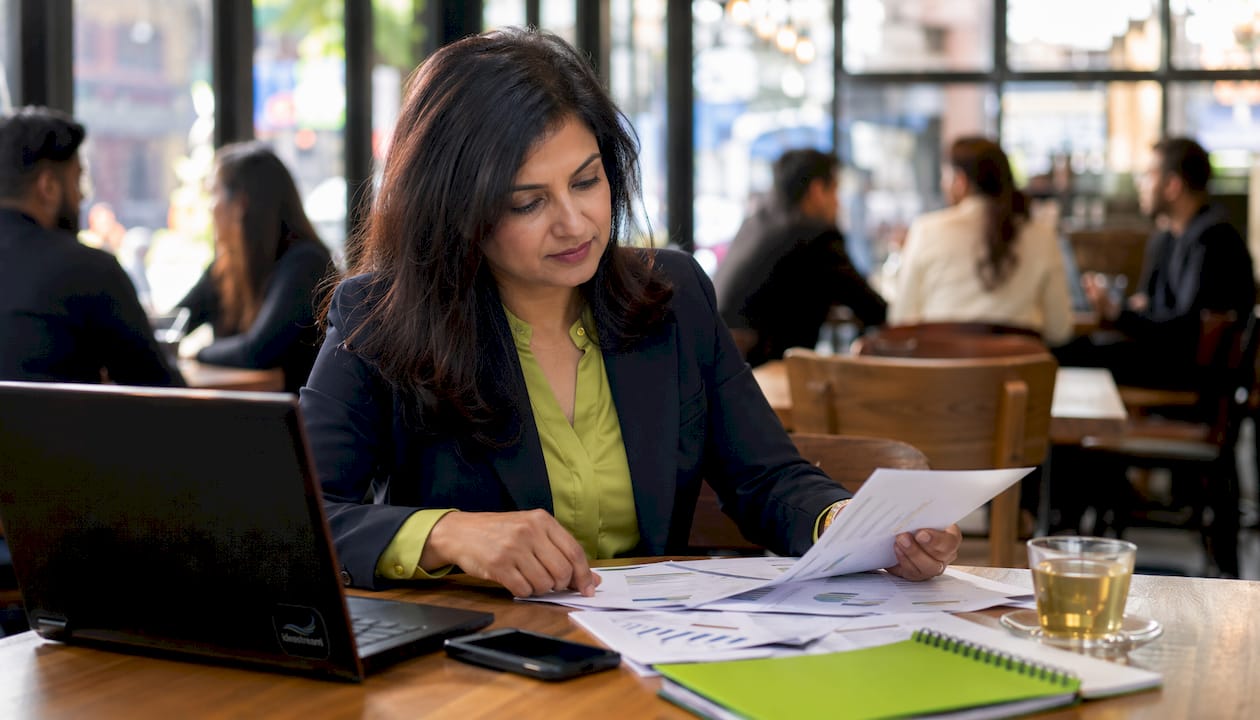 Businesswoman reviewing marketing reports in a cafe setting with a laptop and documents.