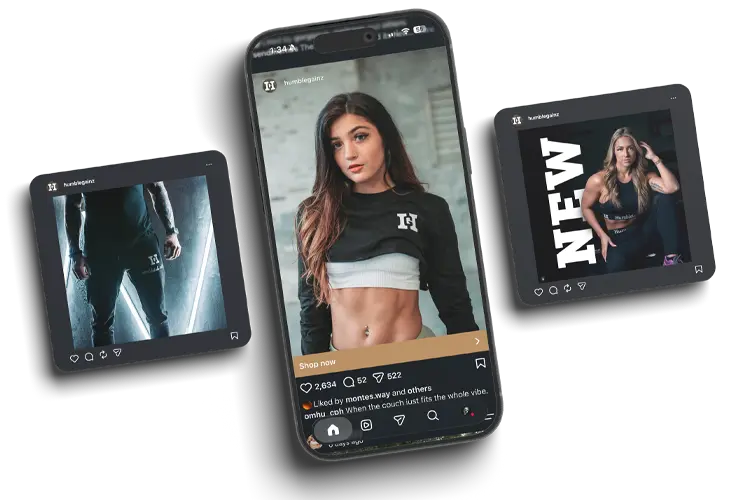 A smartphone displaying fitness-themed social media posts, featuring fitness apparel and models.