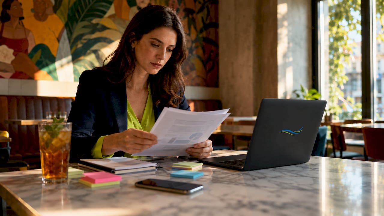 A woman reviewing video SEO strategies in a café, surrounded by colorful sticky notes and a laptop.