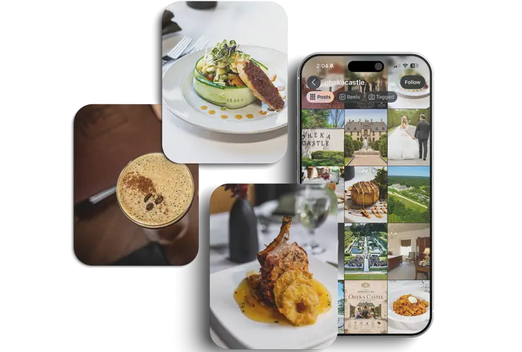 A collage featuring a gourmet meal with a protein dish, a dessert, and a coffee drink, alongside a smartphone displaying Oheka Castle's social media.
