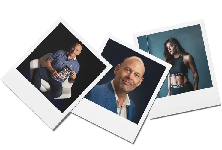 Three professional headshots featuring two men and a woman, each in different poses and attire.