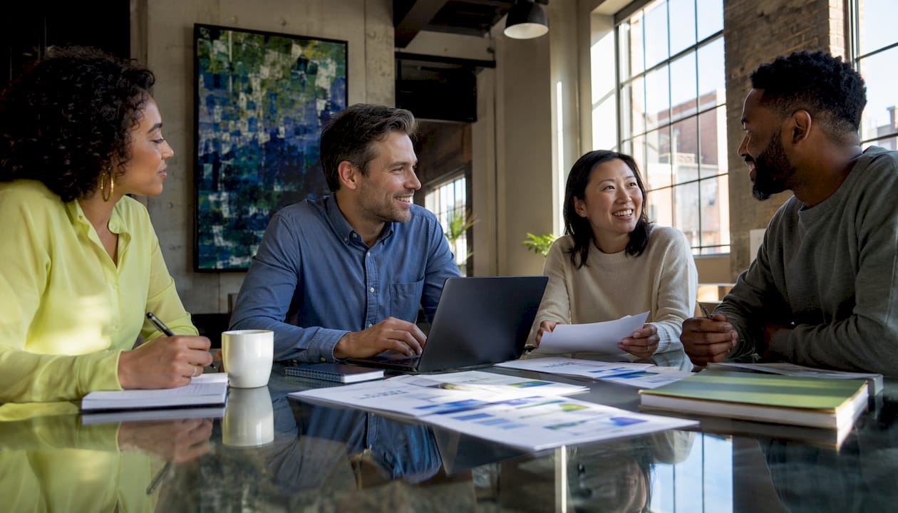 A diverse marketing team collaborates around a table with a laptop and documents.
