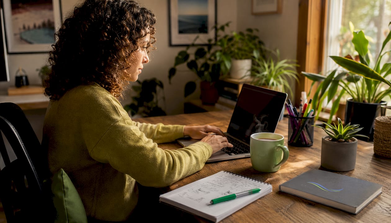 A person working on a laptop at a wooden desk surrounded by plants, notebooks, and a cup of coffee.
