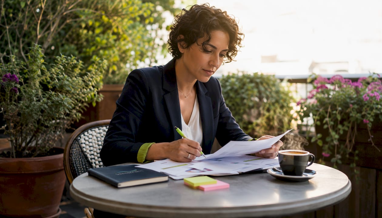 Woman Reviewing Marketing Strategy Outdoors | Idea Stream Marketing A woman reviewing her marketing strategy documents while seated at a table outdoors with coffee.