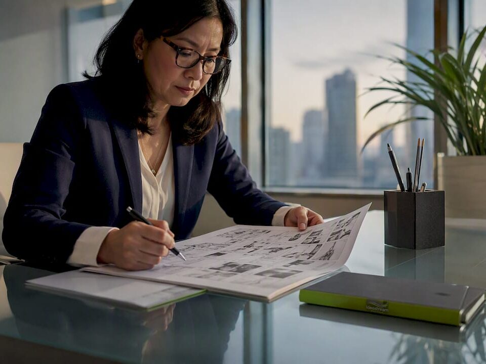 Businesswoman reviewing a storyboard while seated at a desk with a cityscape view.