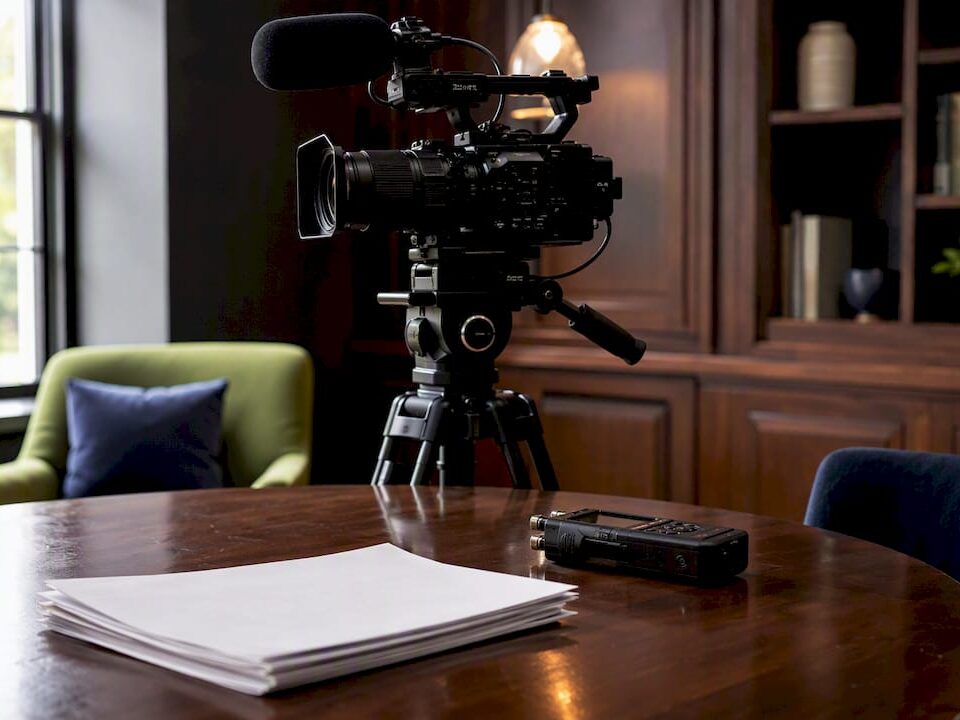 Camera and audio recorder set up on a wooden table with documents in a cozy indoor space.