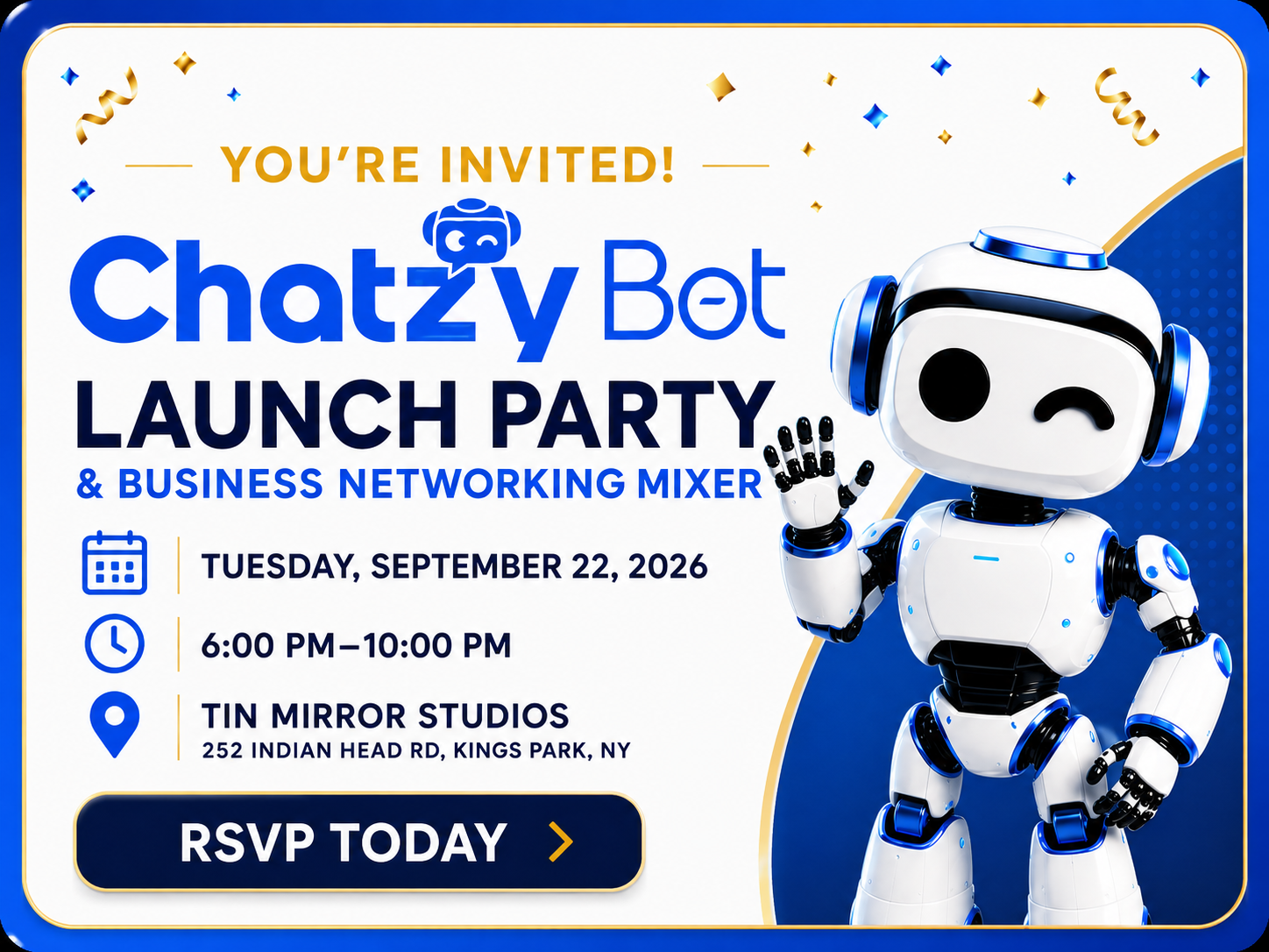 Chatzy Bot invitation for a launch party and business networking mixer, featuring a robot mascot.