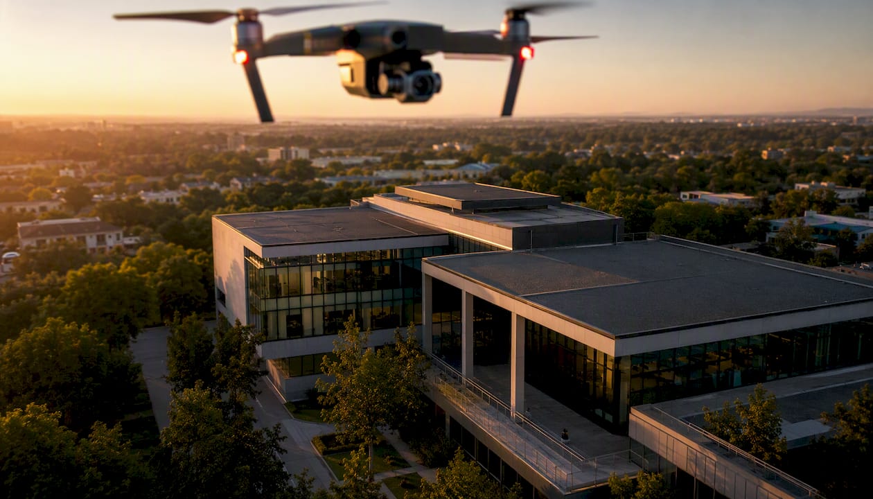Drone capturing cinematic building aerial shot