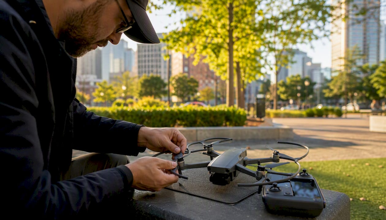A drone operator adjusts a drone while seated in a park with a city skyline in the background.