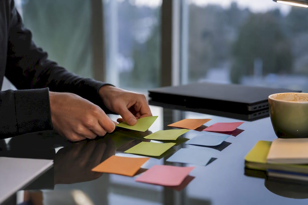 Hands organizing labeled index cards on desk